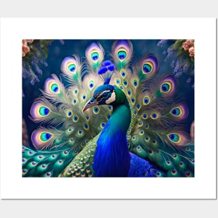 Gorgeous peacock with teal and gold plumage Posters and Art